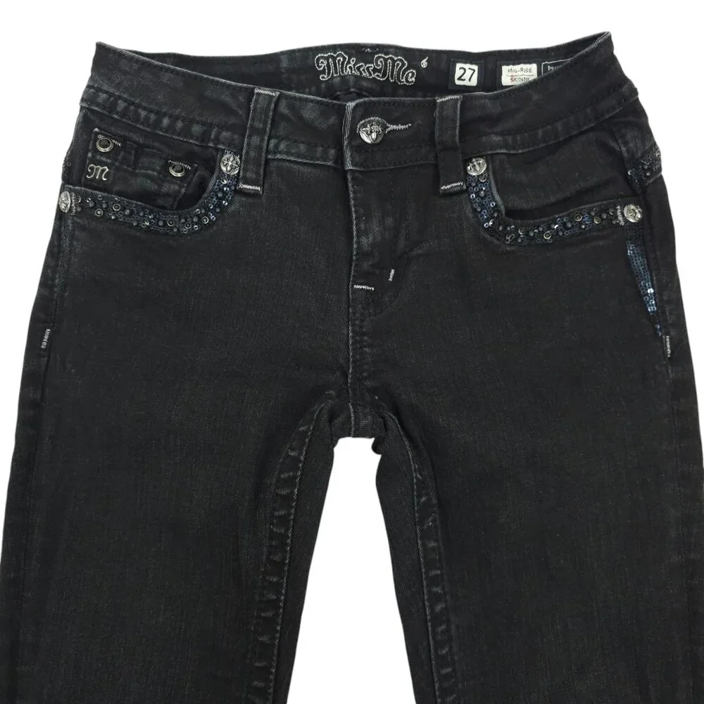 Miss Me Jeans Mid Rise Skinny Black Size 27 Stretch Studs Rhinestones Sequins - Picture 4 of 16